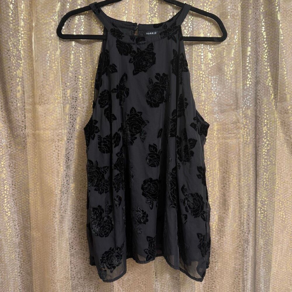 Torrid Black Velvet Rose Goth Burnout High Neck Tank Top Size 0/Large